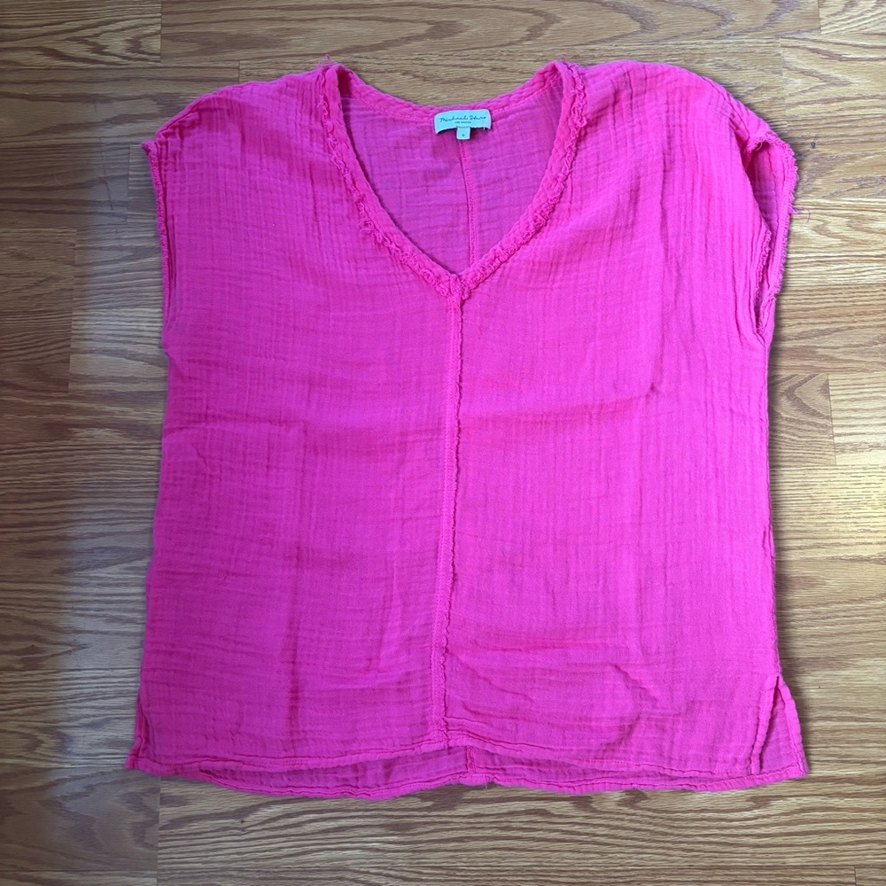 Michael Stars Hot Pink V-Neck Cotton Short Sleeve Shirt Size Small Loose Fit - Picture 4 of 8